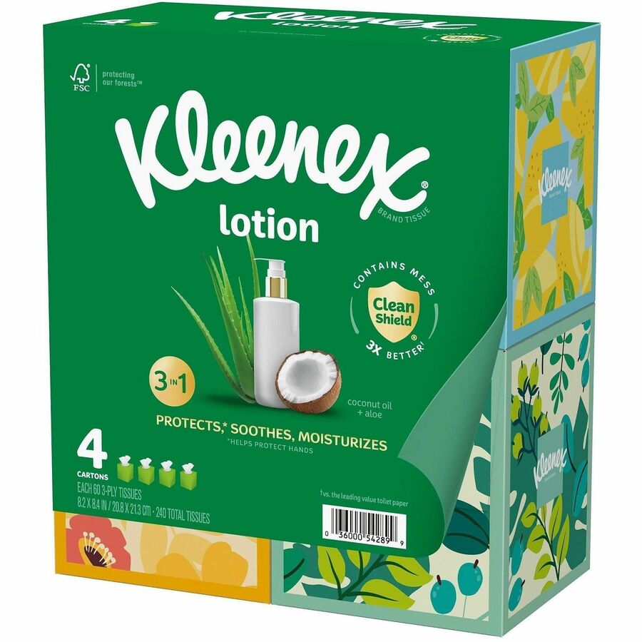 Kleenex Soothing Lotion Tissues - 3 Ply - WhiteBox - 60/Box - 4 / Pack - Facial