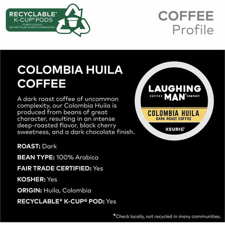 LAUGHING MAN K-Cup Pod Colombia Huila Coffee Keurig Single Serve Pods Dark Roast 22 Count
