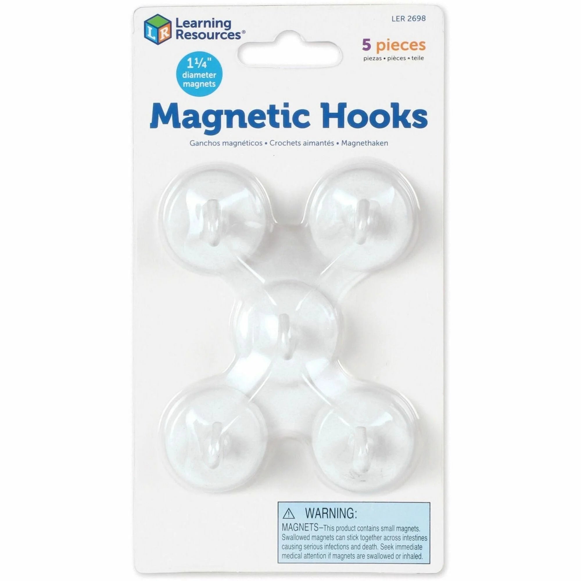 Learning Resources Magnetic Hooks - 13 lb Capacity for Various Uses - White 5 Pack - Classroom Accessories