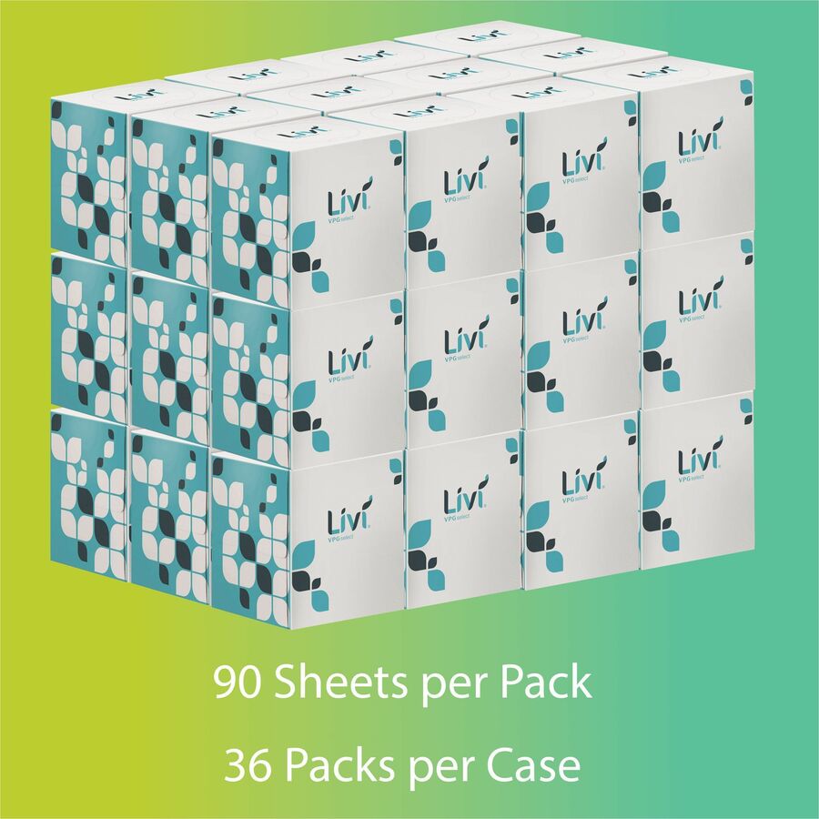 Livi VPG Facial Tissues - 2 Ply - White - Virgin FiberBox - 90/Box - 36 / Carton