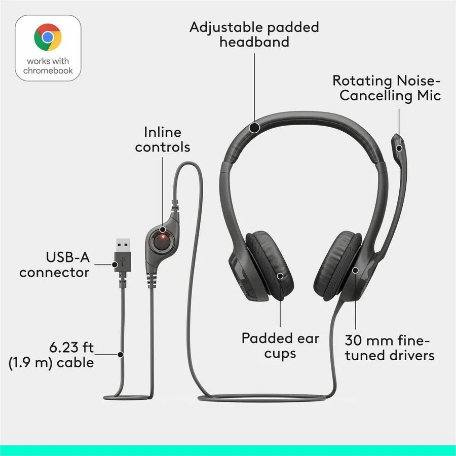 Logitech H390 USB Headset: Stereo Wired Headphones with Noise Cancelling Mic