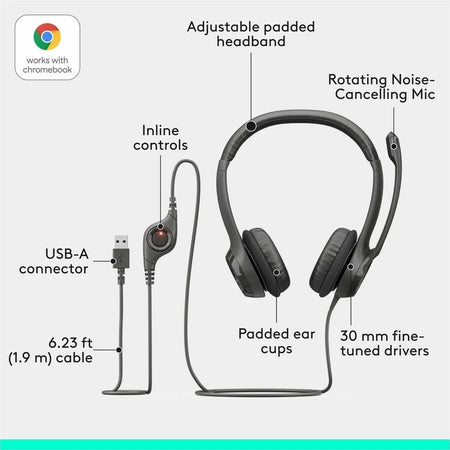 Logitech H390 USB Headset: Stereo Wired Headphones with Noise Cancelling Mic