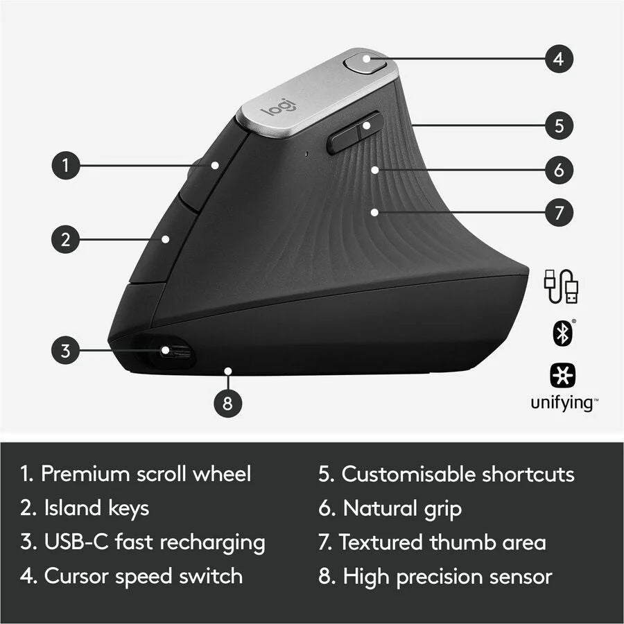 Logitech MX Vertical Ergonomic Mouse: Graphite Wireless 4000 dpi - Keyboards & Mice