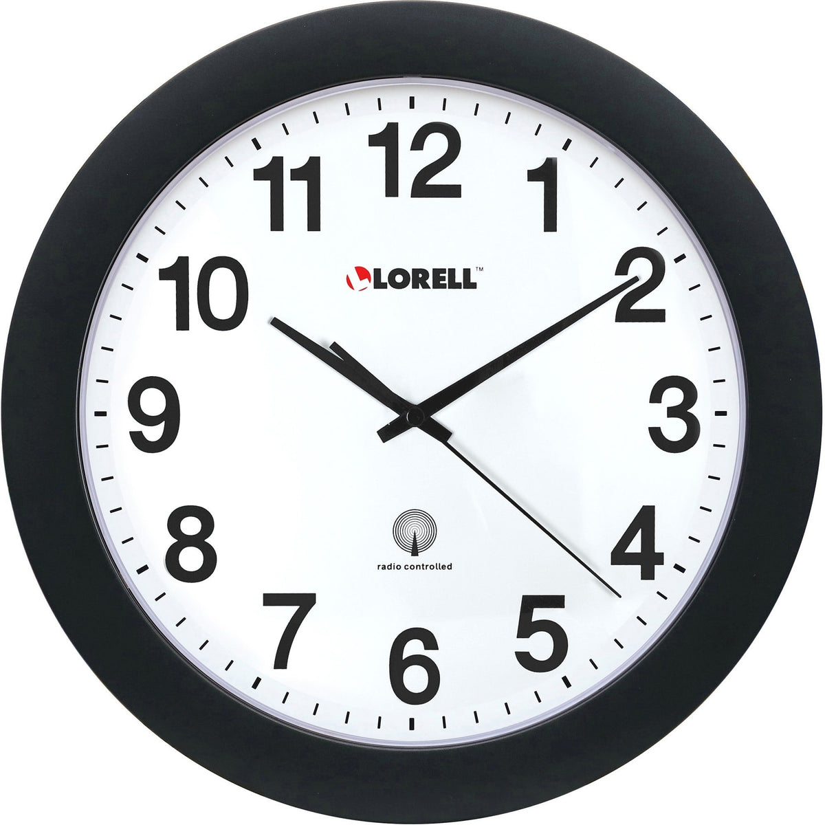 Lorell 12’’ Round Radio-Controlled Wall Clock - Analog - Quartz - White Main Dial - Black Case - Plastic - Clocks