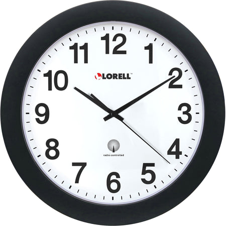 Lorell 12’’ Round Radio-Controlled Wall Clock - Analog - Quartz - White Main Dial - Black Case - Plastic - Clocks