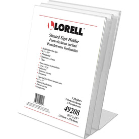 Lorell L-Base Slanted Sign Holder Stand - Clear Acrylic - 8.5’’ x 11’’ - 3 Pack - Signs & Nameplates