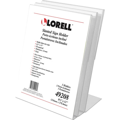 Lorell L-Base Slanted Sign Holder Stand - Clear Acrylic - 8.5’’ x 11’’ - 3 Pack - Signs & Nameplates