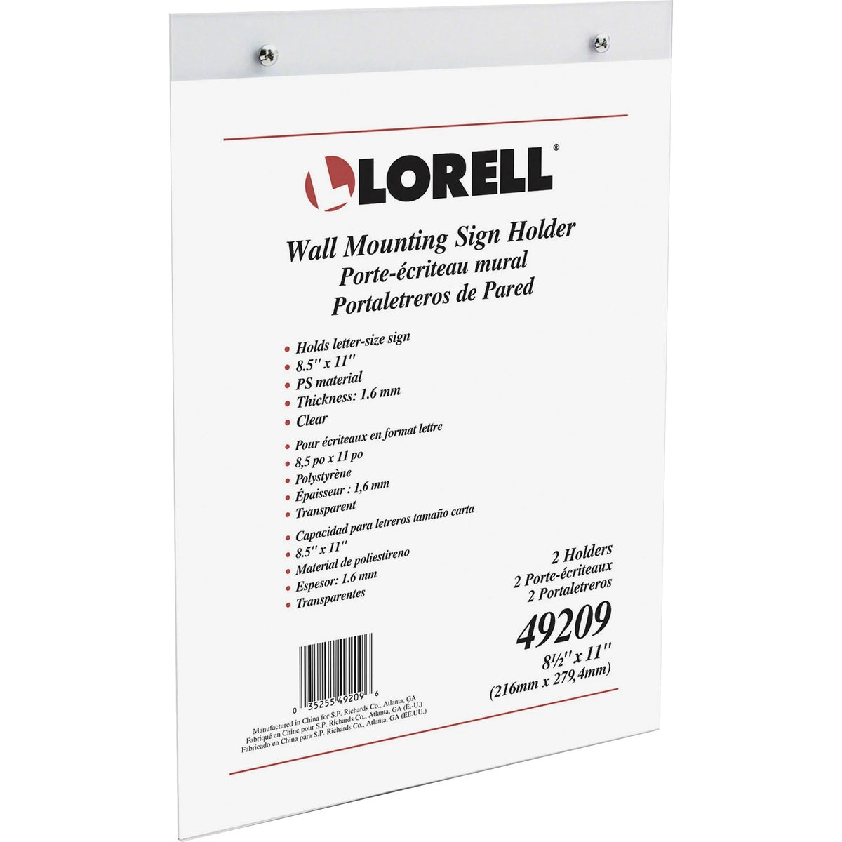 Lorell Wall-Mounted Sign Holders: Clear Acrylic 8.5’’ x 11’’ 2-Pack - Signs & Nameplates