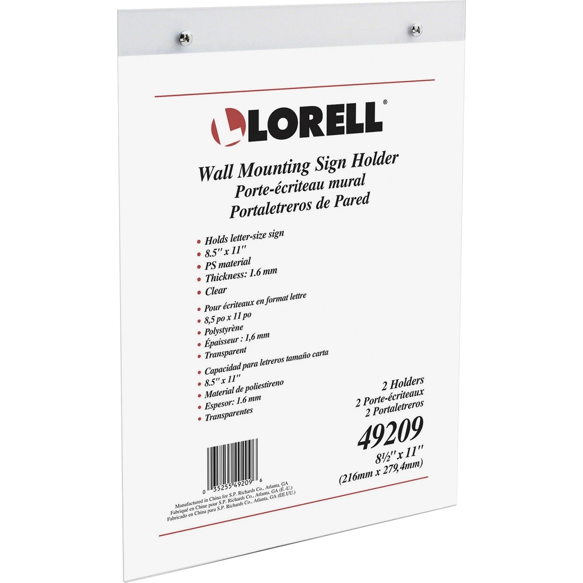 Lorell Wall-Mounted Sign Holders: Clear Acrylic 8.5’’ x 11’’ 2-Pack - Signs & Nameplates