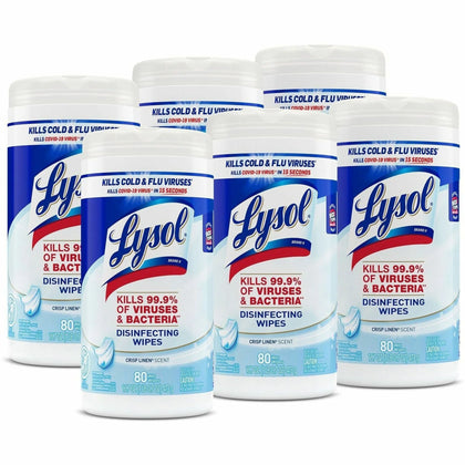 Lysol Disinfecting Wipes: Crisp Linen Scent Antibacterial - 80 Wipes/Tub - 6 Cartons - Cleaning Wipes