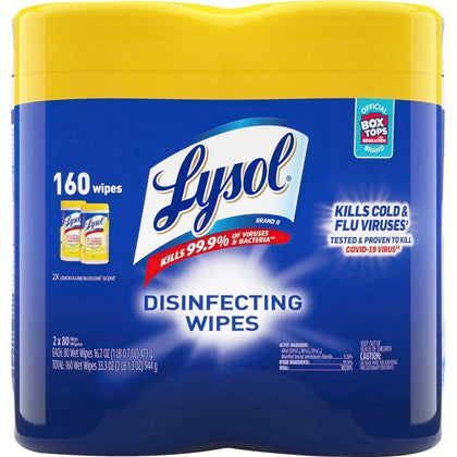 Lysol Disinfecting Wipes: Lemon Lime Scent Antibacterial - 80 Wipes x 2 Pack - Cleaning