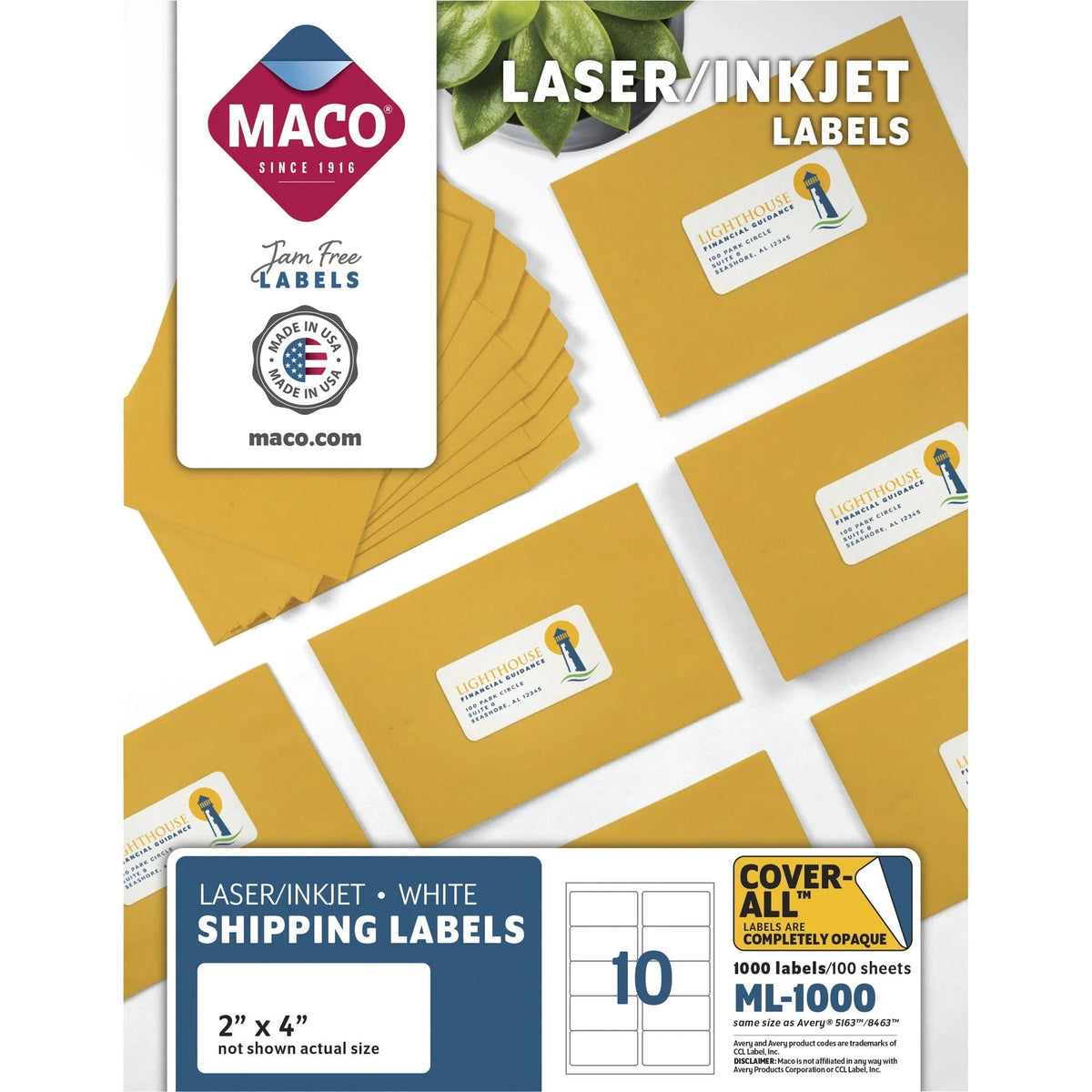 Maco Laser Printer White Shipping Labels - 2’’ Width x 4’’ Length - Rectangle - Inkjet - Lignin-free - 10 / Sheet