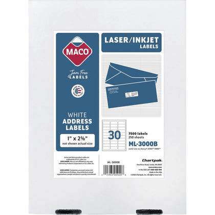 Maco Multipurpose Mailing Labels: 1x2-5/8’’ Permanent Adhesive White - 7500/Box - & ID Labels