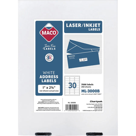 Maco Multipurpose Mailing Labels: 1x2-5/8’’ Permanent Adhesive White - 7500/Box - & ID Labels