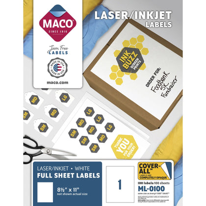 Maco White Full-sheet Shipping Labels - 100/Box - Laser & Inkjet Compatible - Address