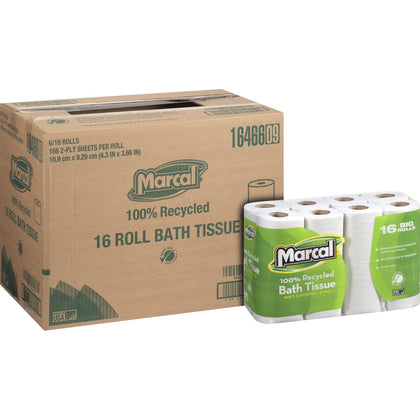 Marcal 100% Recycled Bath Tissue: Soft & Strong 2-Ply - 16 Rolls/Pack - Bathroom Tissue