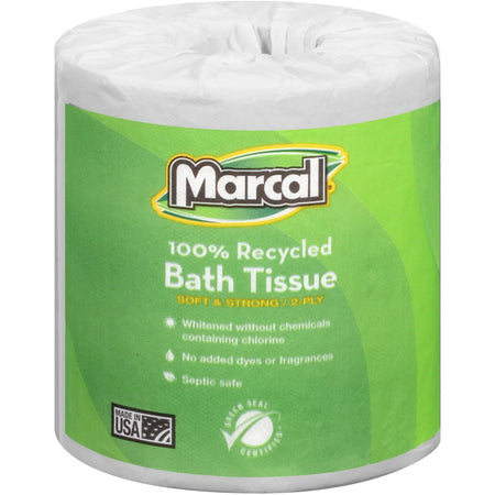 Marcal 100% Recycled Soft & Absorbent Bathroom Tissue - 2 Ply - 336 Sheets/Roll - White - 48 / Carton