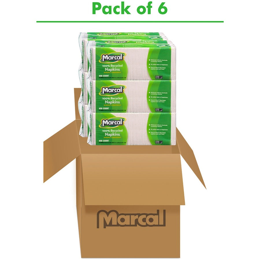 Marcal 100% Recycled Luncheon Napkins - 1 Ply - 12.50’’ Width x 11.40’’ Length - White - Paper - 400/Pack - 6 / Carton