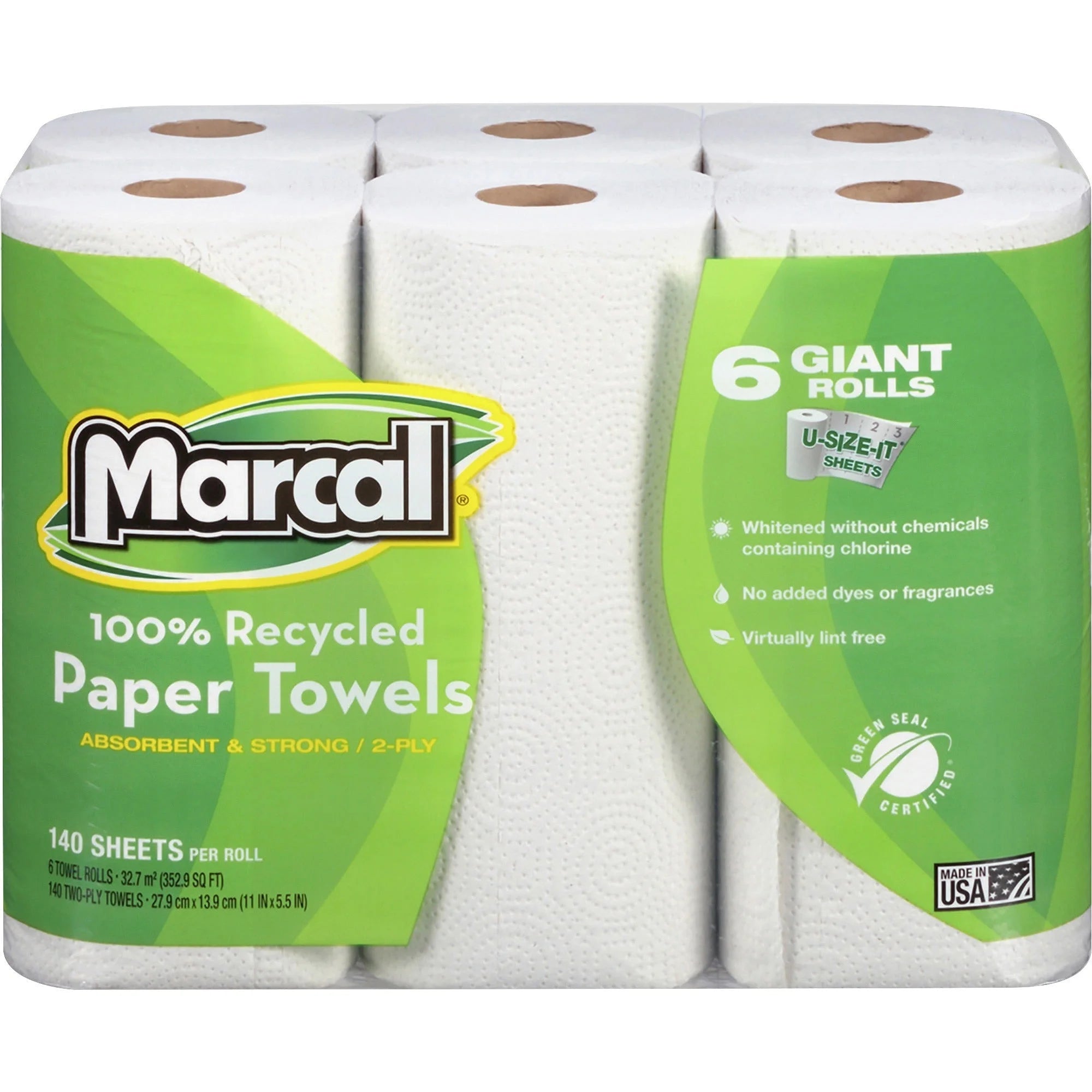 Marcal 100% Recycled Paper Towels - 2 Ply 140 Sheets - White 6 Rolls/Pack