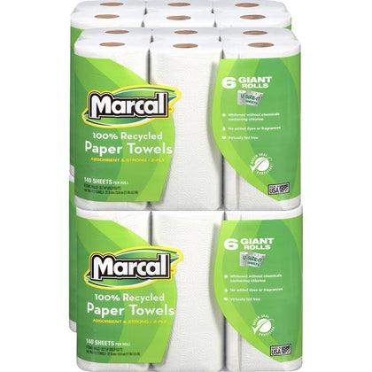 Marcal 100% Recycled Paper Towels - Giant Roll 2-Ply White - 6 Packs