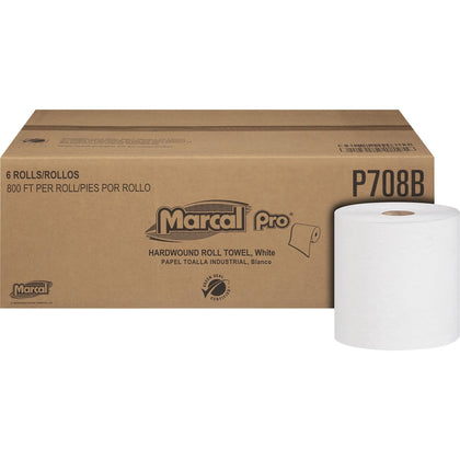 Marcal Hardwound Roll Towel: 1-Ply 800 ft Length White - 6/Carton - Paper Towels