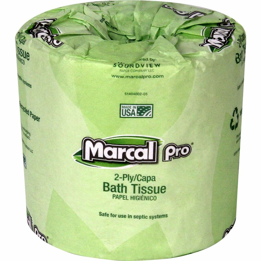 Marcal Pro 100% Recycled Bathroom Tissue - 2 Ply - 4’’ Width x Length - 240 Sheets/Roll - White - 48 / Carton
