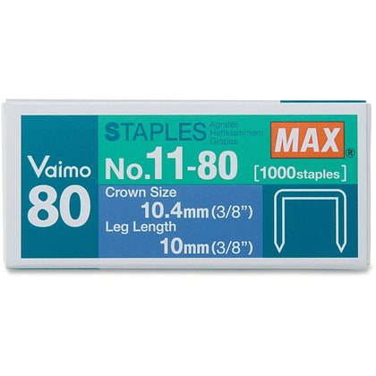 MAX Vaimo 80 Stapler Replacement Staples - 3/8’’ Leg - Crown - Silver - 1000/Box - & Staple Removers