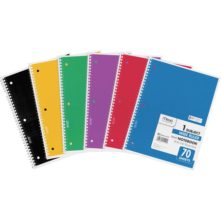 Mead 1-Subject Spiral Notebooks - Wide Ruled - 70 Sheets - 8’’ x 10 1/2’’ - 6-Pack