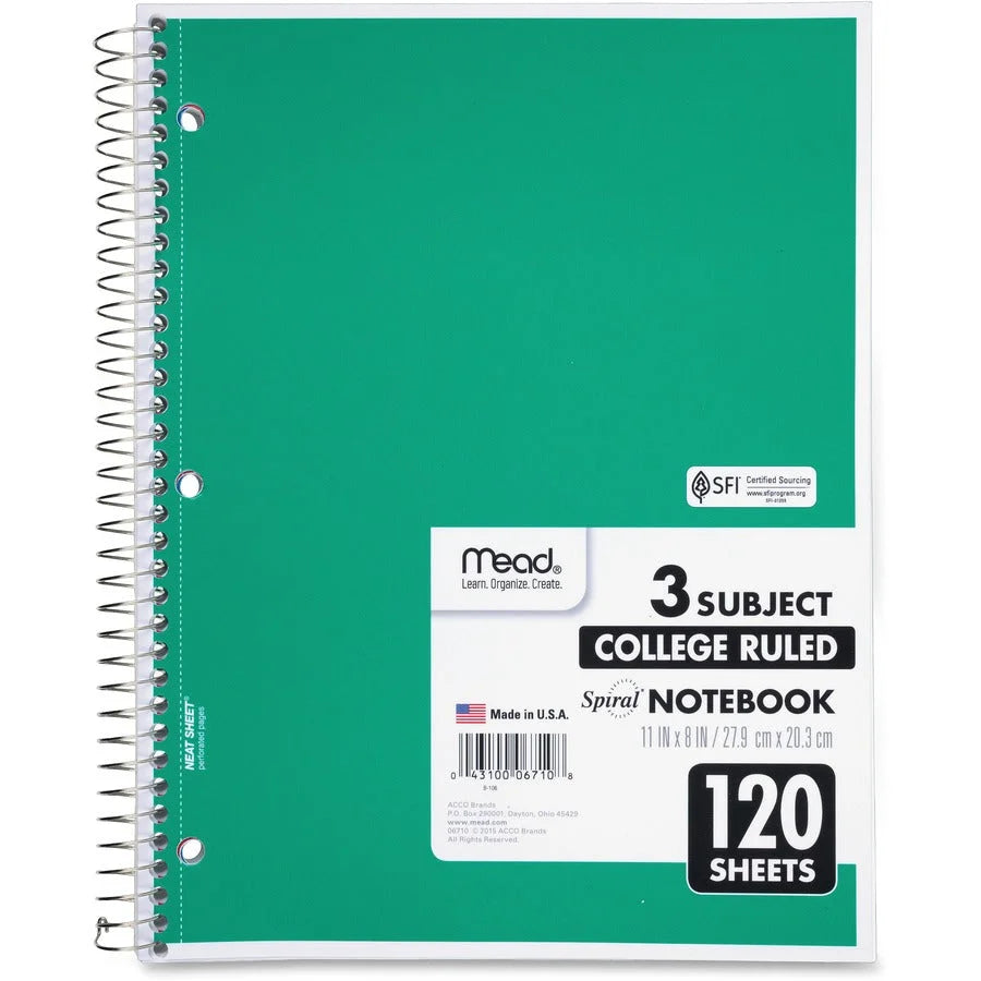 Mead 3-Subject Notebook: Letter-size 120 Sheets Spiral College Ruled - White Paper - Notebooks