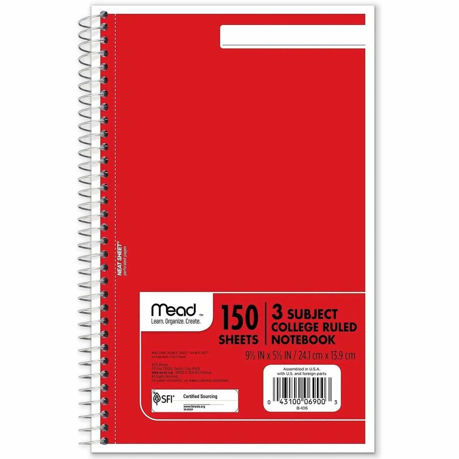 Mead 3-Subject Wirebound College Ruled Notebook 150 Sheets 5.5 x 9 Inches Spiral Bound Assorted Paper Heavyweight Cover