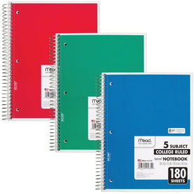 Mead 5-Subject Spiral Notebook: 180 Sheets College Ruled 7.5’’ x 10.5’’ - Blue Green Red Cover - Notebooks