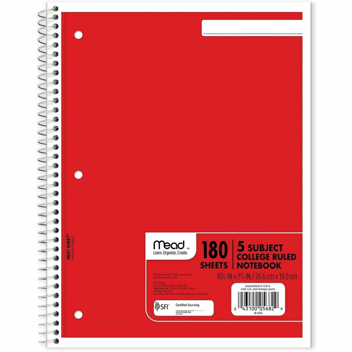 Mead 5-subject Spiral Notebook - 180 Sheets - Wire Bound - College Ruled Front Ruling - 7 1/2’’ x 10 Sheet Size
