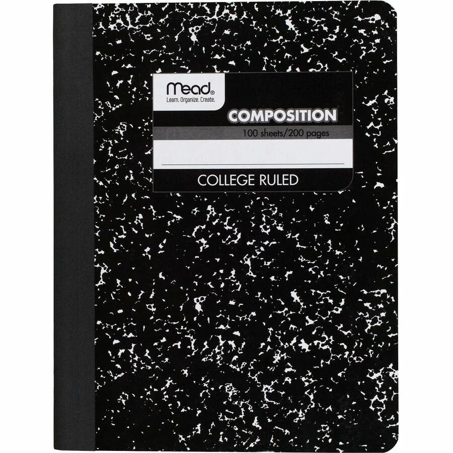 Mead Composition Book - Sewn - 7 1/2’’ x 9 3/4’’ Sheet Size - White Paper - Black Marble Cover - 12 / Carton - Notebooks