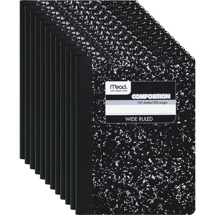 Mead Composition Notebook: Wide Ruled 100 Sheets Sewn Binding 7.5’’ x 9.75’’ - Black Marble Cover - 12/Carton