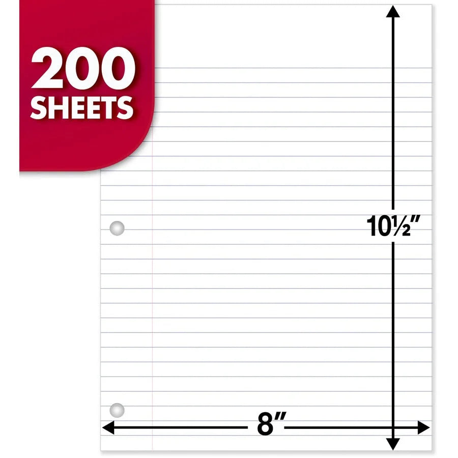 Mead 3-Hole Punched Wide-ruled Filler Paper - 200 Sheets - Ruled Red Margin - 8’’ x 10 1/2’’ Sheet Size - White - Pack