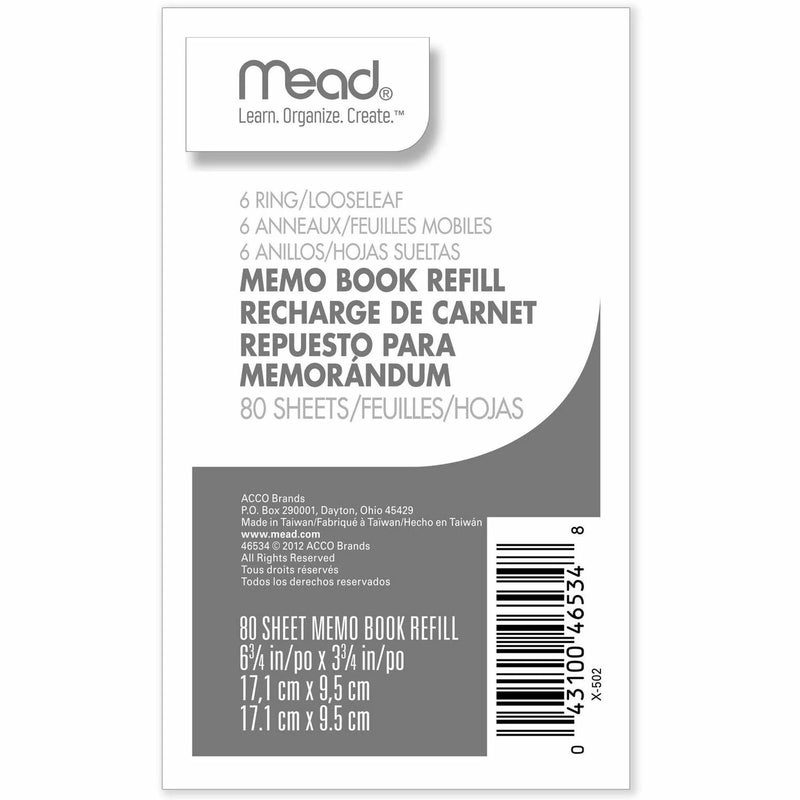 Mead Memo Book Refill Pages - 80 Sheets - 3 3/4’’ x 6 Sheet Size - White Paper - Assorted Cover - 1 Each - Notebooks