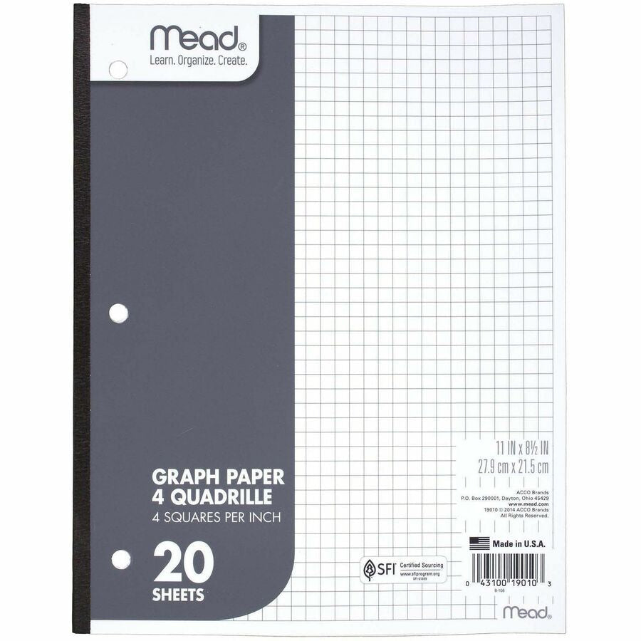 Mead Quad Ruled 3 - Hole Graph Paper - Letter - 8 1/2’’ x 11’’ Sheet Size - 12 / Box