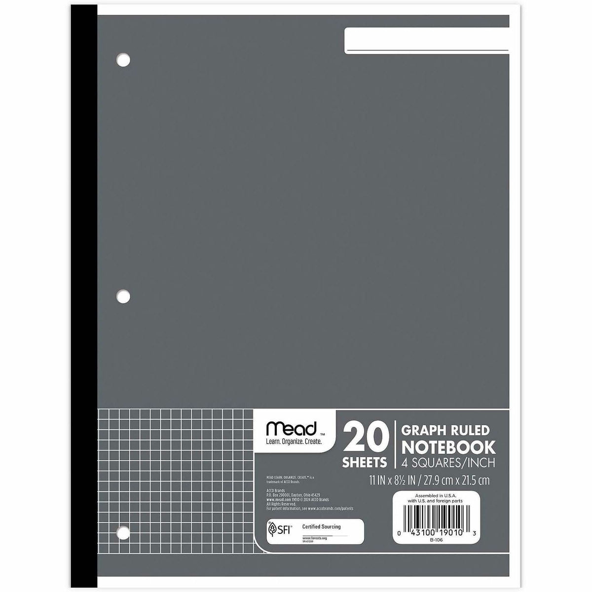 Mead Quad Ruled 3 - Hole Graph Paper - Letter - 8 1/2’’ x 11’’ Sheet Size - 12 / Box
