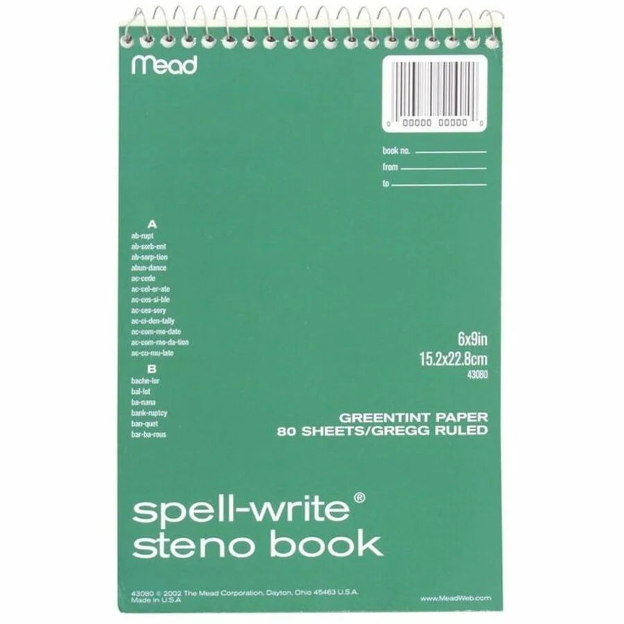 Mead Spell-Write Steno Book: 80 Sheets 6’’ x 9’’ Wire Bound Green Paper - Notebooks