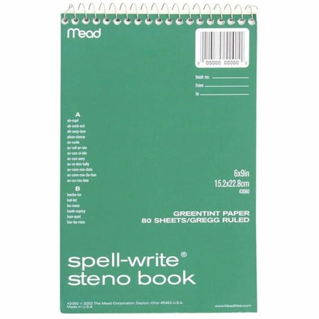 Mead Spell-Write Steno Book: 80 Sheets 6’’ x 9’’ Wire Bound Green Paper - Notebooks