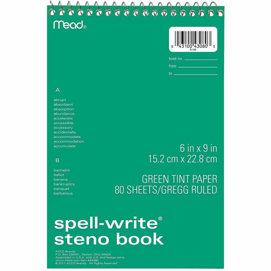 Mead Spell-Write Steno Book - 80 Sheets - Wire Bound - 6’’ x 9’’ Sheet Size - Green Paper - Cardboard Cover - 1 Each