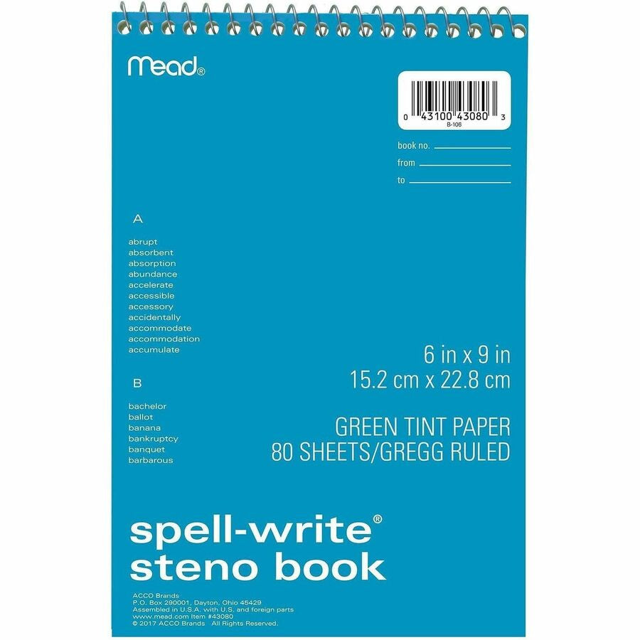 Mead Spell-Write Steno Book - 80 Sheets - Wire Bound - 6’’ x 9’’ Sheet Size - Green Paper - Cardboard Cover - 1 Each
