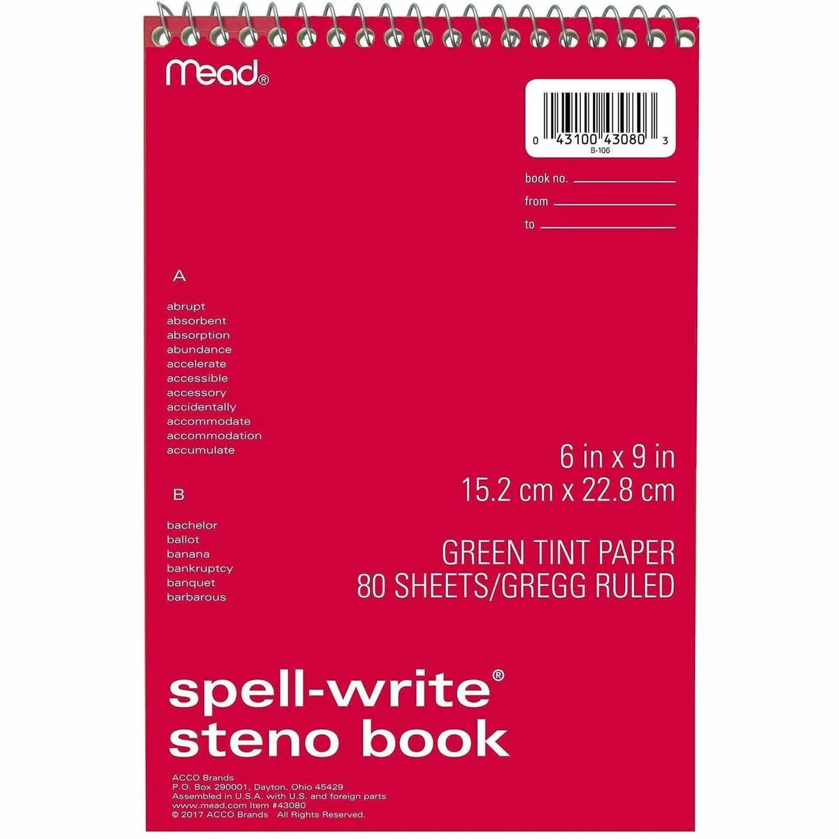 Mead Spell-Write Steno Book - 80 Sheets - Wire Bound - 6’’ x 9’’ Sheet Size - Green Paper - Cardboard Cover - 1 Each