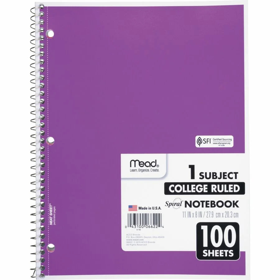 Mead Spiral Notebook: 100 Sheets College Ruled 8’’ x 10.5’’ - White Paper - Notebooks