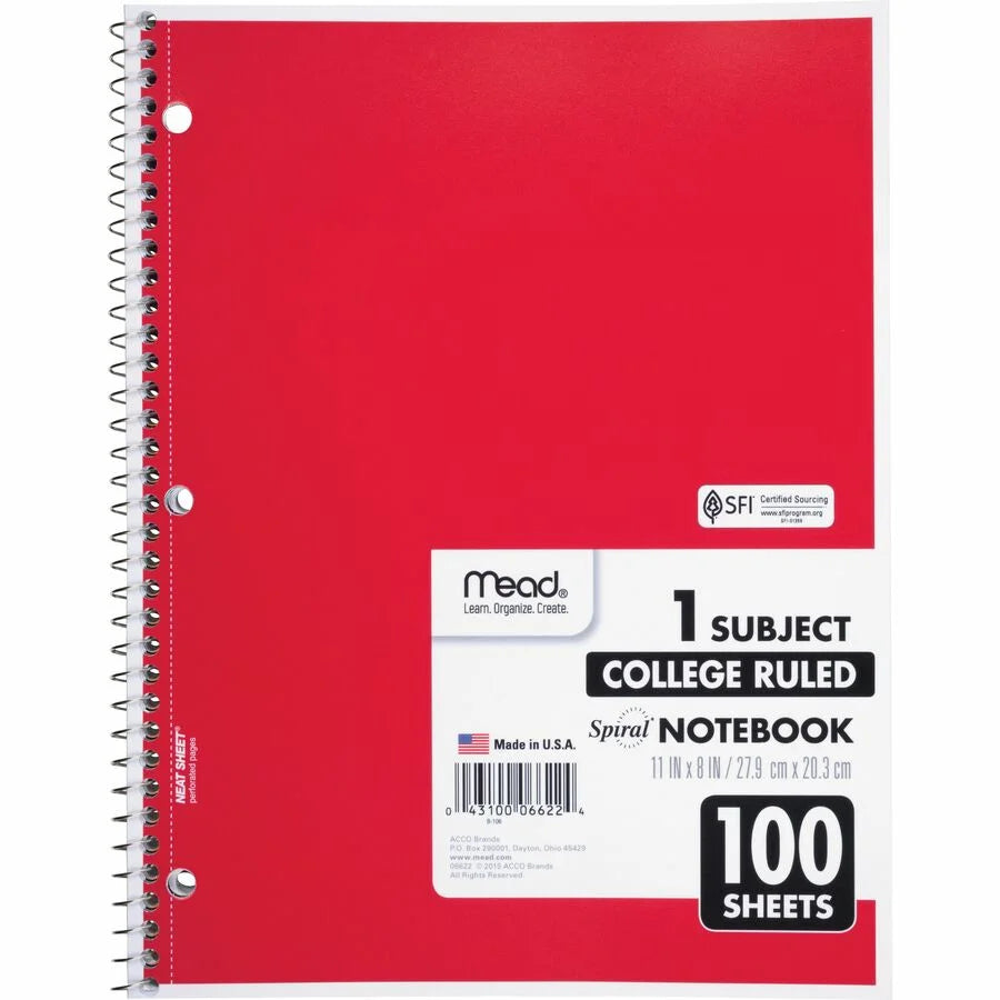 Mead Spiral Notebook: 100 Sheets College Ruled 8’’ x 10.5’’ - White Paper - Notebooks