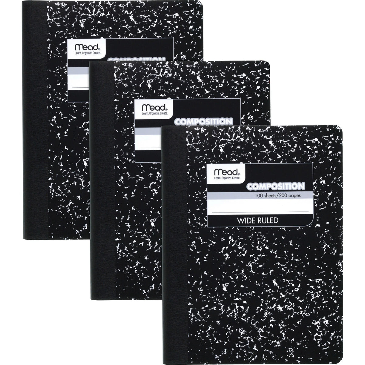Mead Wide Ruled Comp Book 100 Sheets 3 / Pack Sewn Pages 9 3/4’’ x 7 1/2’’ Sheet Size 9’’ Height 7’’ Width 0.5’’ Length