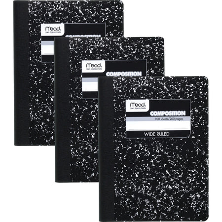 Mead Wide Ruled Comp Book 100 Sheets 3 / Pack Sewn Pages 9 3/4’’ x 7 1/2’’ Sheet Size 9’’ Height 7’’ Width 0.5’’ Length