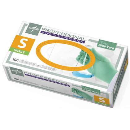 Medline Aloetouch Gloves: 5.9 mil 9.50’’ Length - Small Green - Latex-free Textured - Lab Use - 100/Box - Exam Gloves
