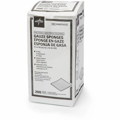 Medline Caring Non-sterile Gauze Sponges - 12 Ply - 4’’ x - White - 200/Box - Bandages & Wraps