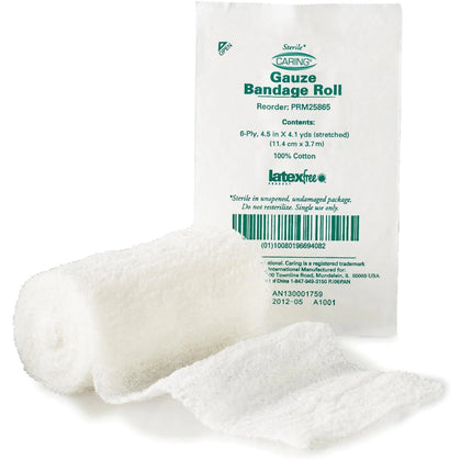 Medline Sterile Gauze Bandage Roll - 6 Ply - 4.50’’ x 12.30 ft - White - 100/Box - Bandages & Wraps